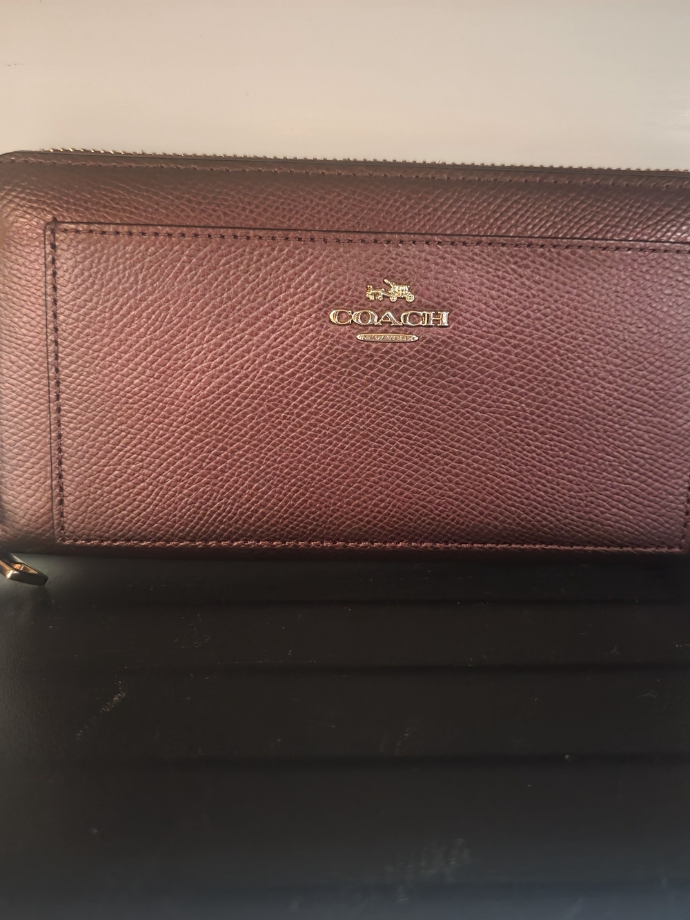 COACH Wine Pebbled Leather Zip-Around Wallet with Gold Logo